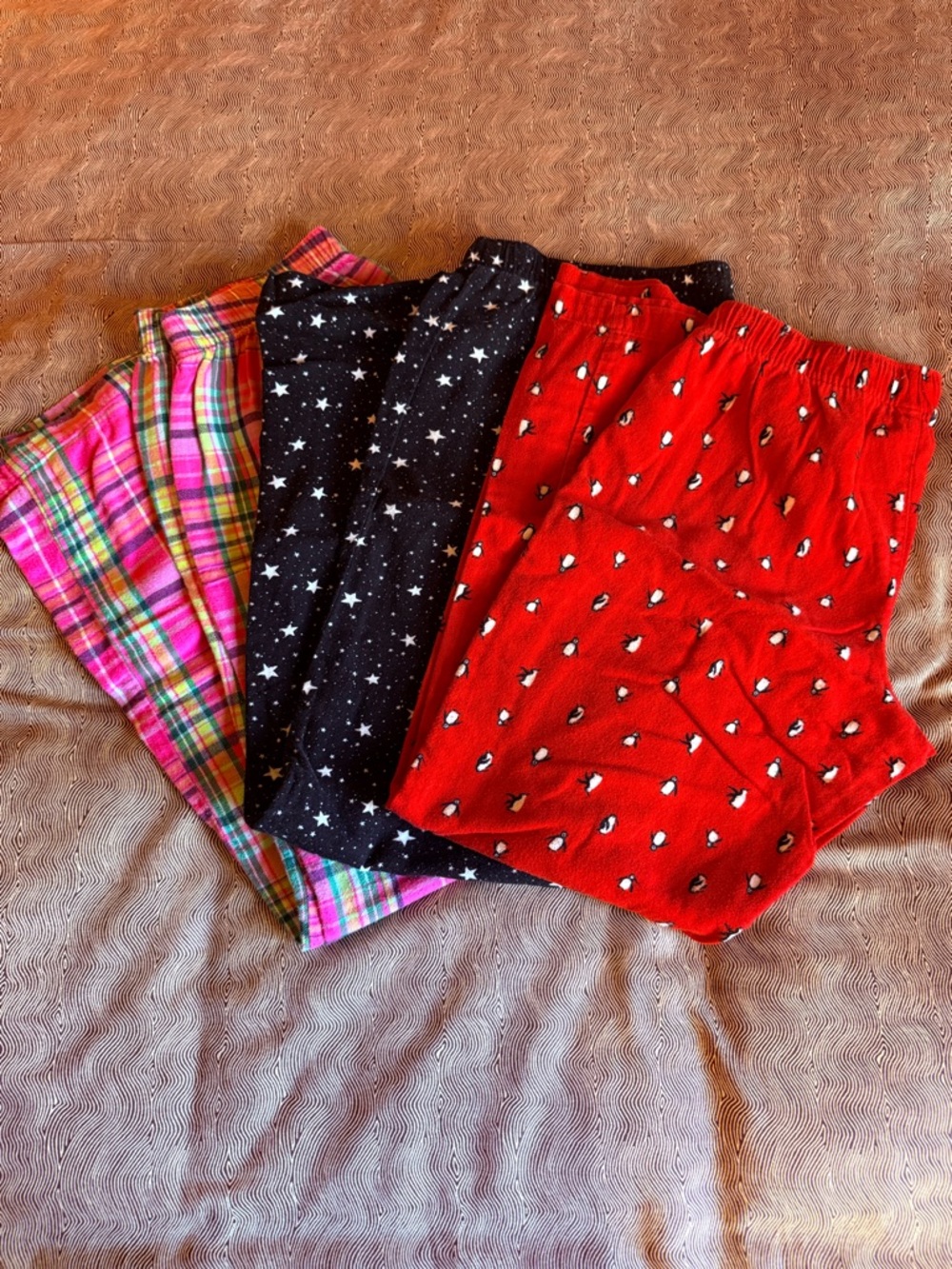 Old Navy Red Penguin, Black Star & Pink Plaid Pajama Bottoms Set